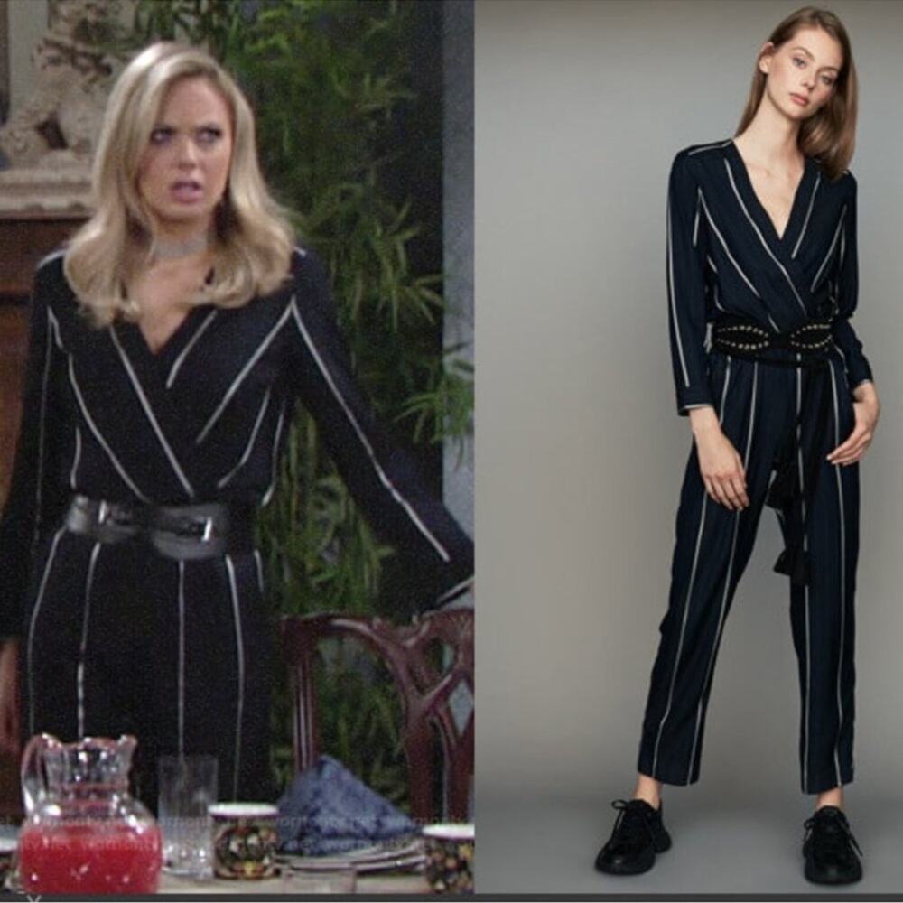MAJE PANTI Jumpsuit Navy w Silver Metallic Pinstripes Long Sleeve Size 4 - Picture 2 of 16